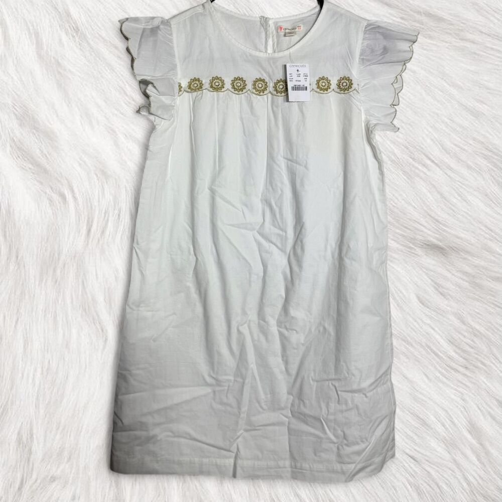 Crewcuts by J.Crew Cotton preppy kids white dress gold embroidery ruffle sleeves